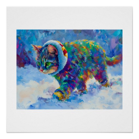 Katze im Schnee mit Ohrenschützern Poster (Vorderseite)