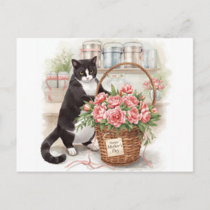 Katze im Smoking arrangiert Blumen zum Muttertag Feiertagspostkarte