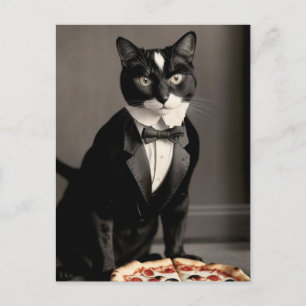 Katze im Smoking und Pizza Postkarte