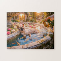 Katze im Springbrunnen des Sonnenuntergangsgartens