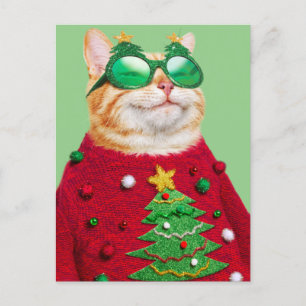 Katze im Ugly Christmas Sweater Einladungspostkarte