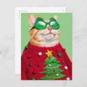 Katze im Ugly Christmas Sweater Einladungspostkarte (Vorne/Hinten)