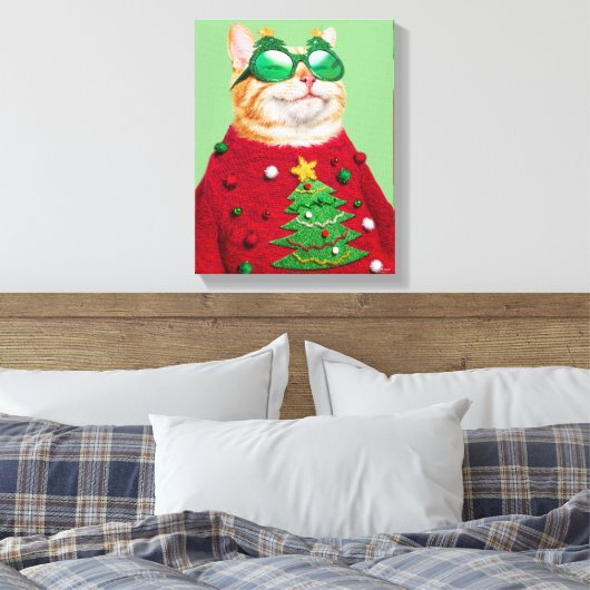 Katze im Ugly Christmas Sweater Leinwanddruck (Insitu (Schlafzimmer))
