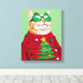 Katze im Ugly Christmas Sweater Leinwanddruck (Insitu (Holzboden))