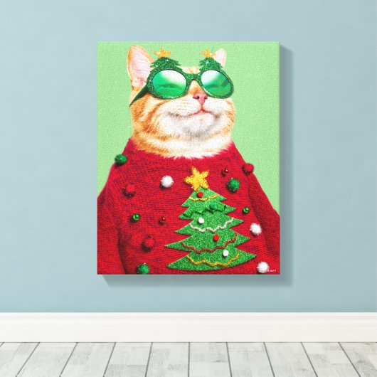 Katze im Ugly Christmas Sweater Leinwanddruck (Insitu (Holzboden))