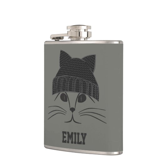 Katze im Wolle-Hut Flachmann (Links)