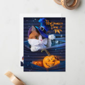 Katze im Zauberhut und zwischen Kürbis Mitteilungskarte (Vorderseite/Rückseite Beispiel)