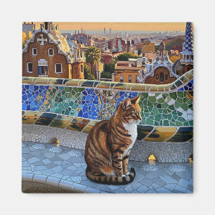 Katze in Barcelona Spanien Park Güell Travel Magnet