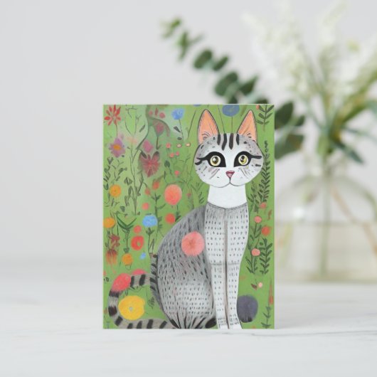 Katze in Blume Folklorekarte Postkarte (Stehend Vorderseite)