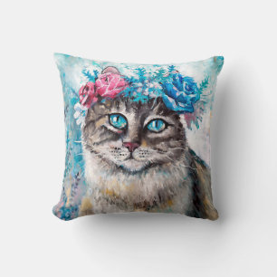 Katze in Blume Ölmalerei auf Leinwand. Winte Kissen