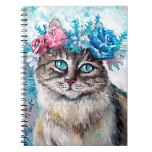 Katze in Blume Ölmalerei auf Leinwand. Winte Notizblock
