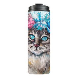 Katze in Blume Ölmalerei auf Leinwand. Winte Thermosbecher