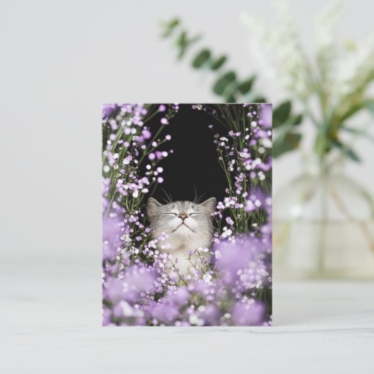 Katze in Blume Postkarte (Stehend Vorderseite)