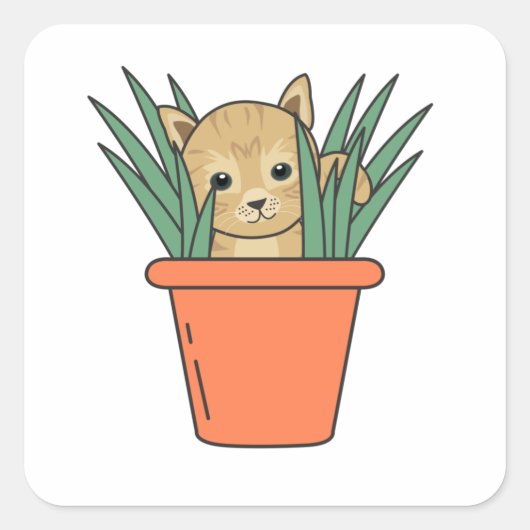 Katze in Blume Pot Funny Kitten in Pflanze Quadratischer Aufkleber (Vorderseite)