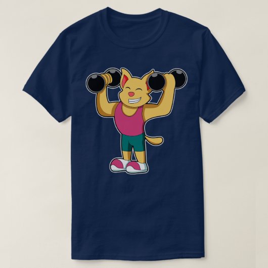 Katze in Bodybuilding mit Dumbells T-Shirt (Design vorne)