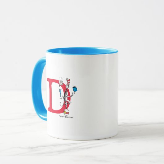 Katze in der Hat Balancing Act Monogram D Tasse (Vorderseite Links)