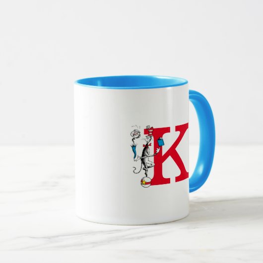 Katze in der Hat Balancing Act Monogram K Tasse (VorderseiteRechts)
