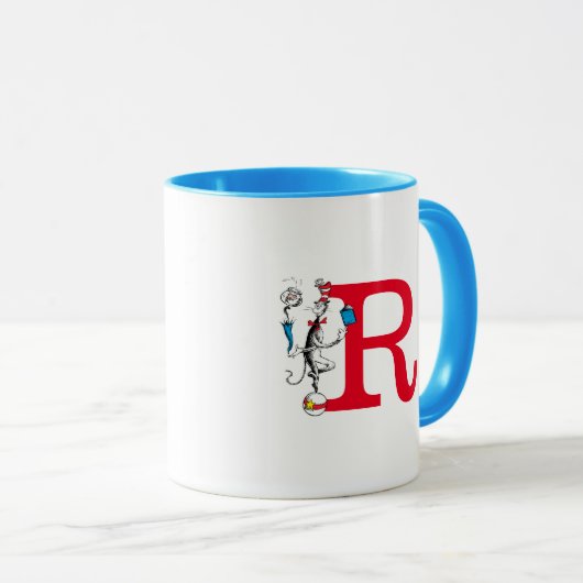 Katze in der Hat Balancing Act Monogram R Tasse (VorderseiteRechts)