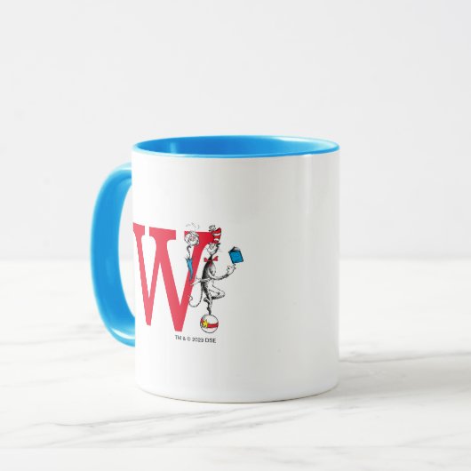 Katze in der Hat Balancing Act Monogram W Tasse (Vorderseite Links)