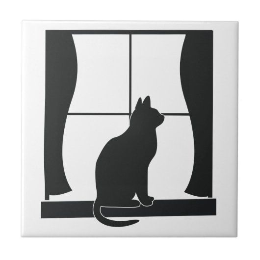 Katze in der Silhouette, die am Fenster sitzt Fliese (Vorderseite)