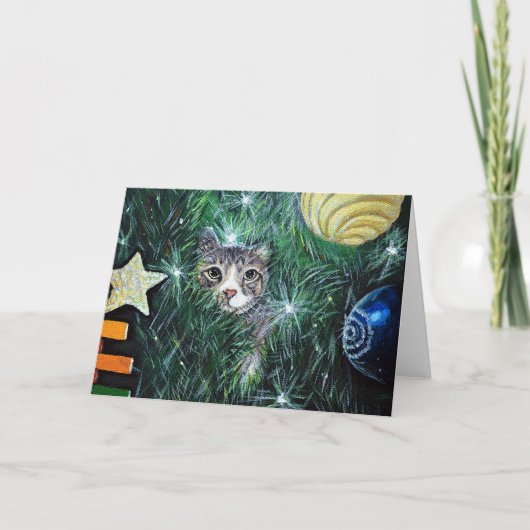Katze in der Weihnachtsbaummalerei Karte (Vorderseite)