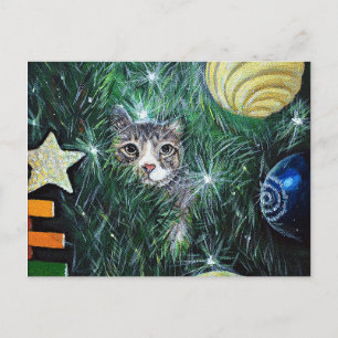 Katze in der Weihnachtsbaummalerei Postkarte