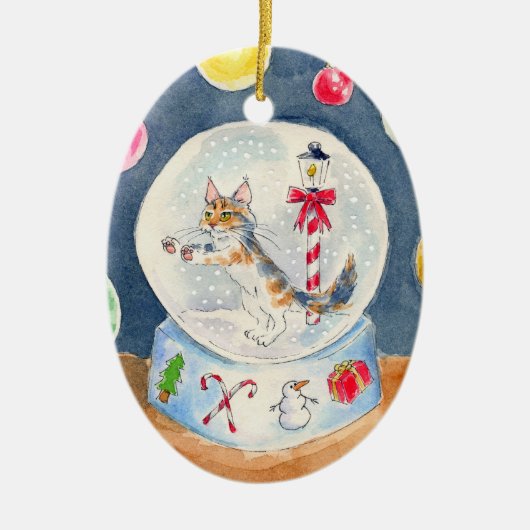 Katze in der Weihnachtsschnee-Kugelverzierung Keramik Ornament (Vorne)