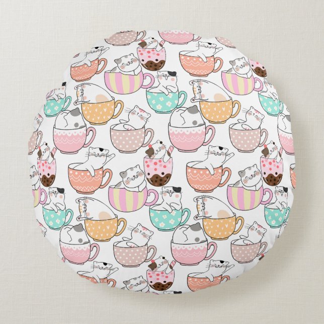 Katze in einem Cup Muster Design 01 w Rundes Kissen (Vorderseite)