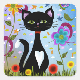 Katze in einem Garten Abstrakte Kunst Quadratischer Aufkleber