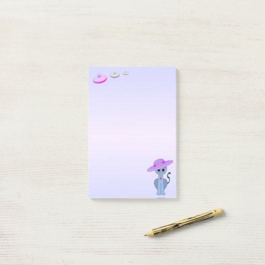 Katze in einem Hut und fliegenden Sauceron Post-it Klebezettel (Auf Schreibtisch)