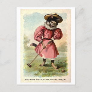 Katze in einem Kleid spielt Krocket Vintage Postkarte
