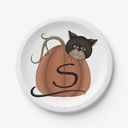 Katze in einem Kürbis Pappteller (Vorderseite)