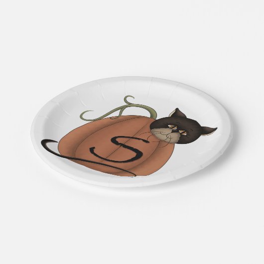 Katze in einem Kürbis Pappteller (Schrägansicht)