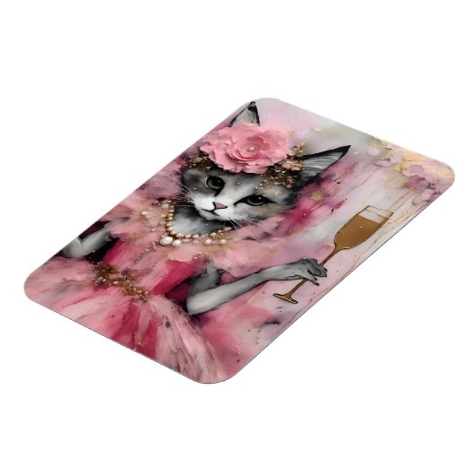 Katze in einem rosa Kleid mit einem goldenen Geträ Magnet (Linke Seite)