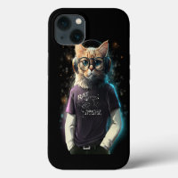 Katze in einem T-Shirt, Kopfhörern und Brille