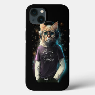 Katze in einem T-Shirt, Kopfhörern und Brille iPhone 13 Hülle