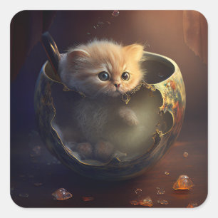 Katze in einem Teacup Kitten in einem Teacup Cat Quadratischer Aufkleber