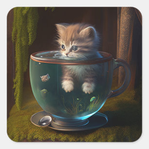 Katze in einem Teacup Kitten in einem Teacup Cat Quadratischer Aufkleber