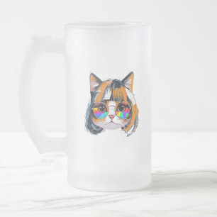 Katze in einer Perücke + Sonnenbrille (Gemälde #2) Mattglas Bierglas