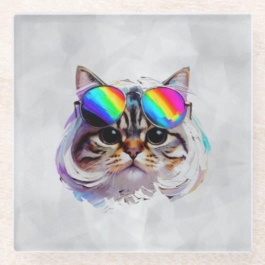 Katze in einer Perücke + Sonnenbrille (Gemälde #3) Glasuntersetzer (Vorderseite)