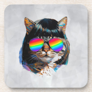 Katze in einer Perücke + Sonnenbrille (Gemälde #5) Getränkeuntersetzer
