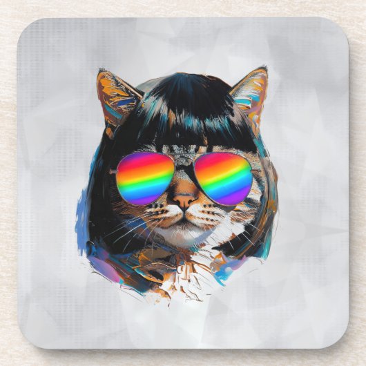 Katze in einer Perücke + Sonnenbrille (Gemälde #5) Getränkeuntersetzer (Vorderseite)