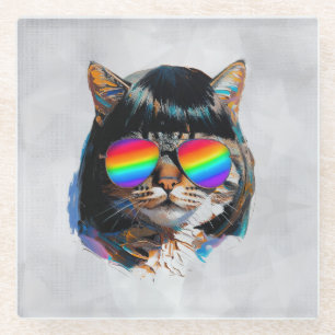 Katze in einer Perücke + Sonnenbrille (Gemälde #5) Glasuntersetzer
