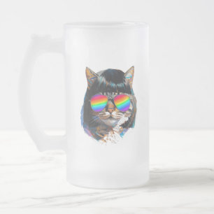 Katze in einer Perücke + Sonnenbrille (Gemälde #5) Mattglas Bierglas