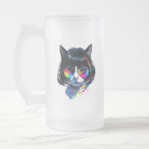 Katze in einer Perücke + Sonnenbrille (Gemälde #6) Mattglas Bierglas