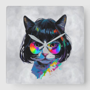 Katze in einer Perücke + Sonnenbrille (Gemälde #6) Quadratische Wanduhr