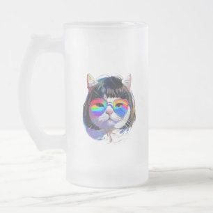 Katze in einer Perücke + Sonnenbrille (Gemälde #7) Mattglas Bierglas