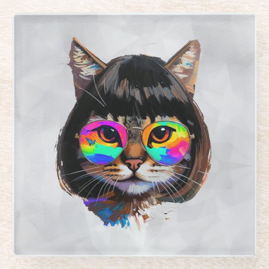 Katze in einer Perücke + Sonnenbrille (Gemälde #9) Glasuntersetzer (Vorderseite)