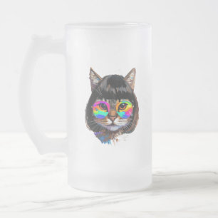 Katze in einer Perücke + Sonnenbrille (Gemälde #9) Mattglas Bierglas
