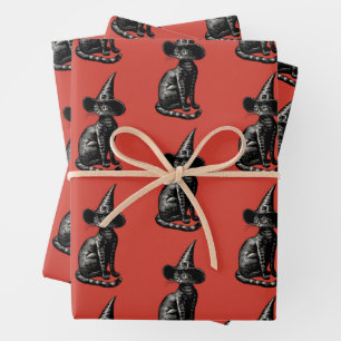 Katze in einer Vintagen Illustration mit Hexenhut Geschenkpapier Set